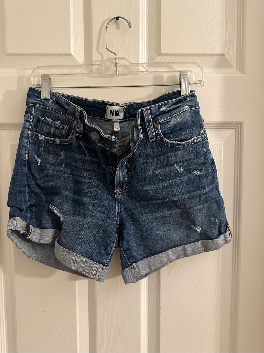 PAIGE Medium Blue Distressed Rolled Cuff Denim Shorts